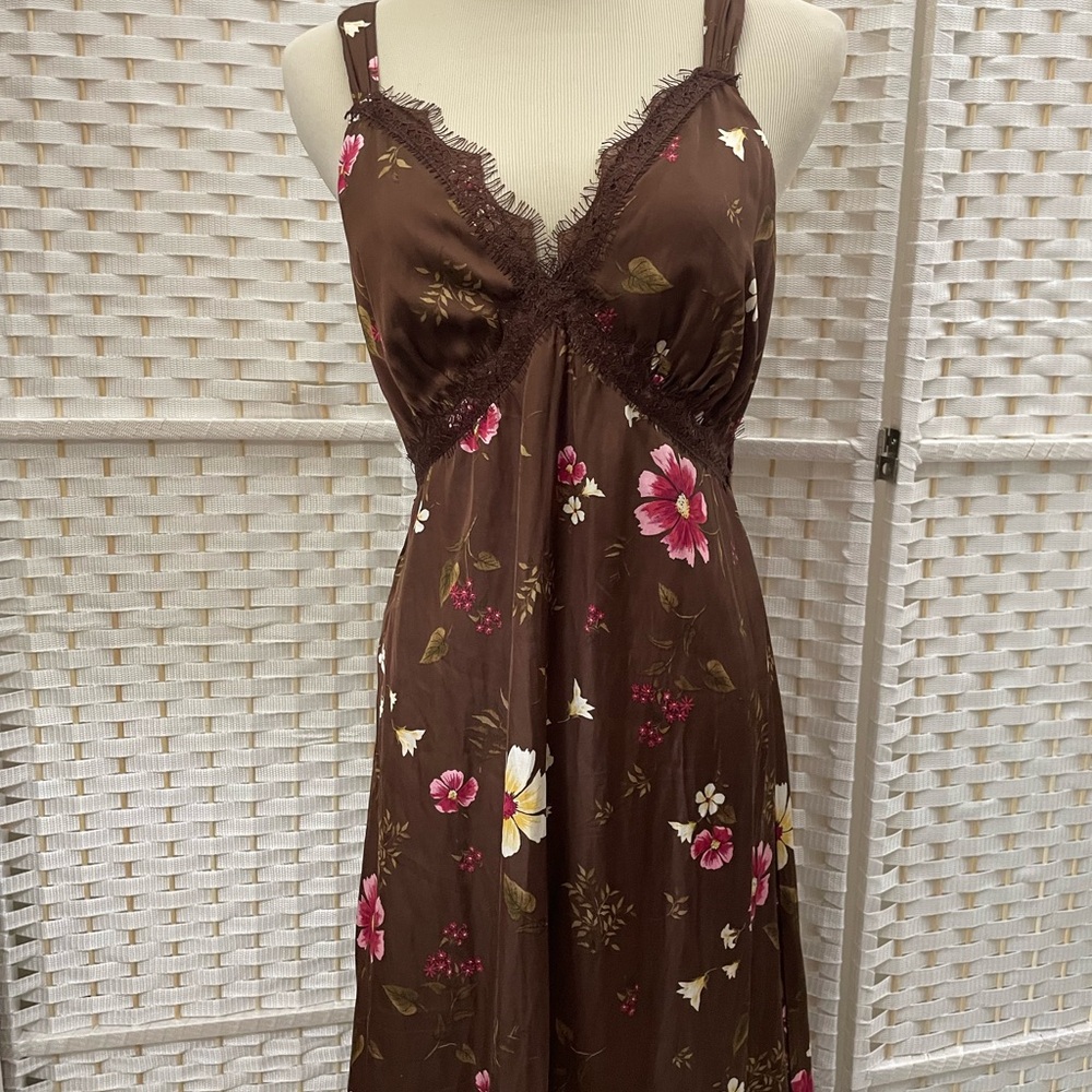 Brown and Pink Floral Chemise with Spaghetti Straps